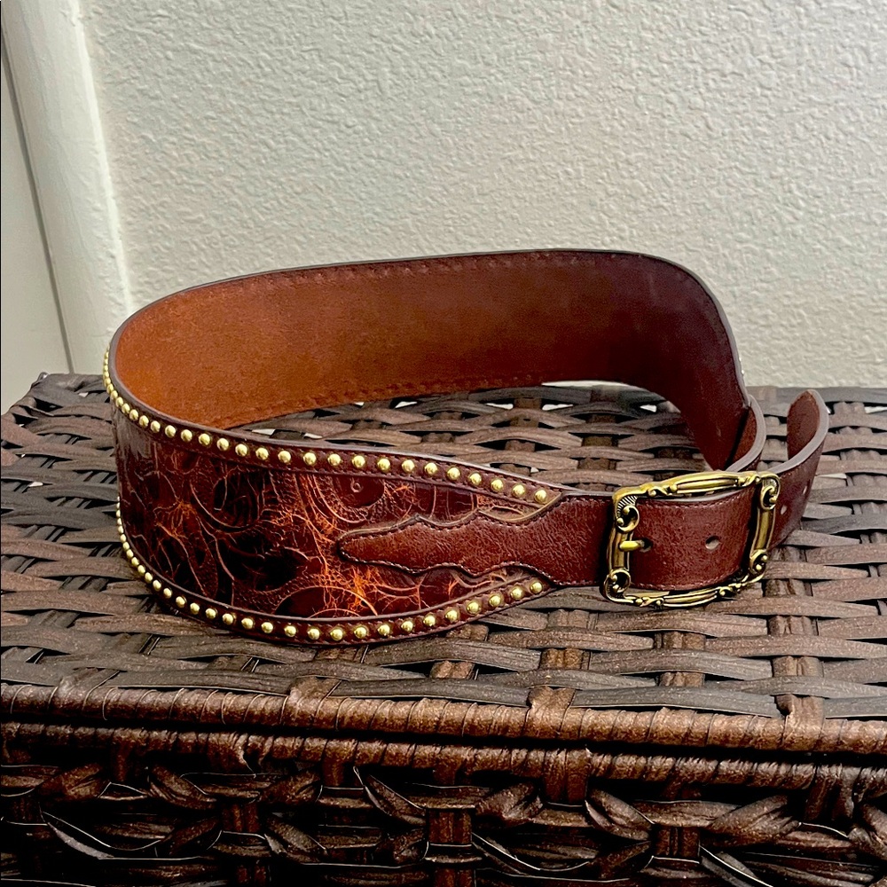Elegant Brown Leather Belt with Gold Studs
